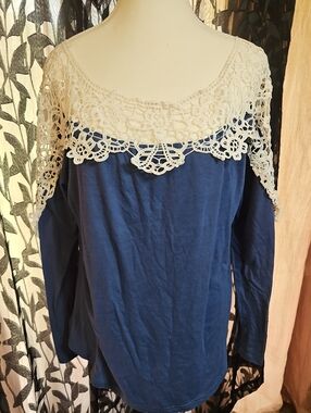Simple Blue Long Sleeve Tee with Cream Crochet Yoke